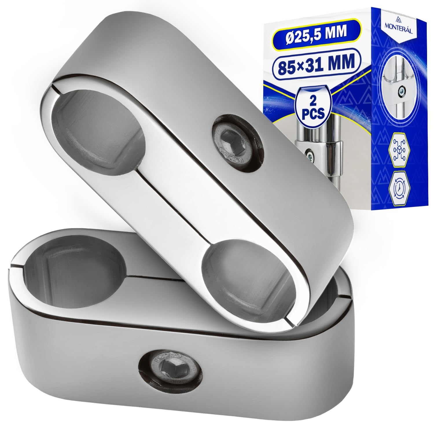 2 Pezzi Porta Tubo Parallelo con 2 Fori Ø 25,5 mm 85x31 mm è Cromato ed è Adatto per Struttura Cabina Armadio Componibile - Garanzia di 10 Anni - MONTERAL