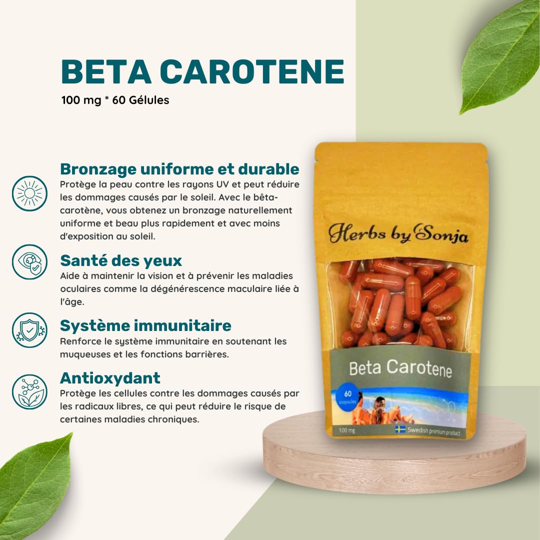 Bêta-carotène 100 mg 60 capsules - Bêta-carotène hautement concentré - Complexe de bêta-carotène Sunglow comme accélérateur de bronzage - Pour les pygmées