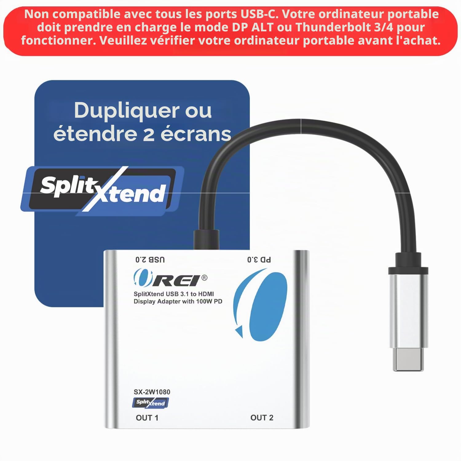 OREI SplitExtend Répartiteur HDMI avec écran étendu pour Windows uniquement double écran – Affichage multi-écrans 3 écrans séparés – Adaptateur USB-C vers HDMI 2.0, sorties 4K @ 30 Hz – Entrée PD 100