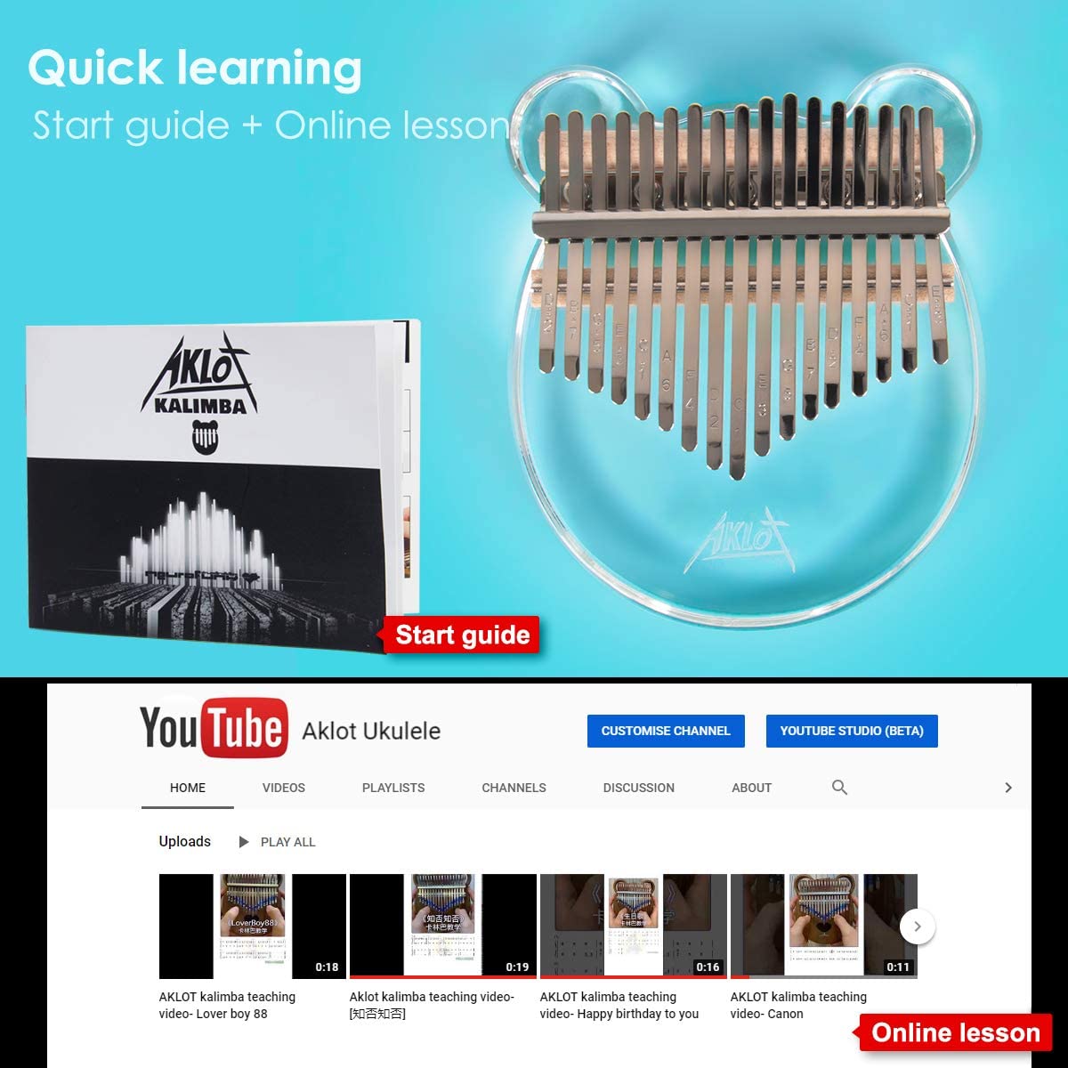 AKLOT Kalimba 17 Keys Transparent Panda acrylique Thumb Piano Note sculpté démarreur doigt piano avec Kalimba cas Tune marteau étude livret autocollants