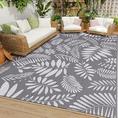 Outdoor Rug, Patio Rug, Plastic Straw Camping Rugs, Large Waterproof Area Rug and Mat for Outdoors, RV, Patio, Backyard, Deck, Porch, Beach, Balcony, (5'x 8', White&Gray)