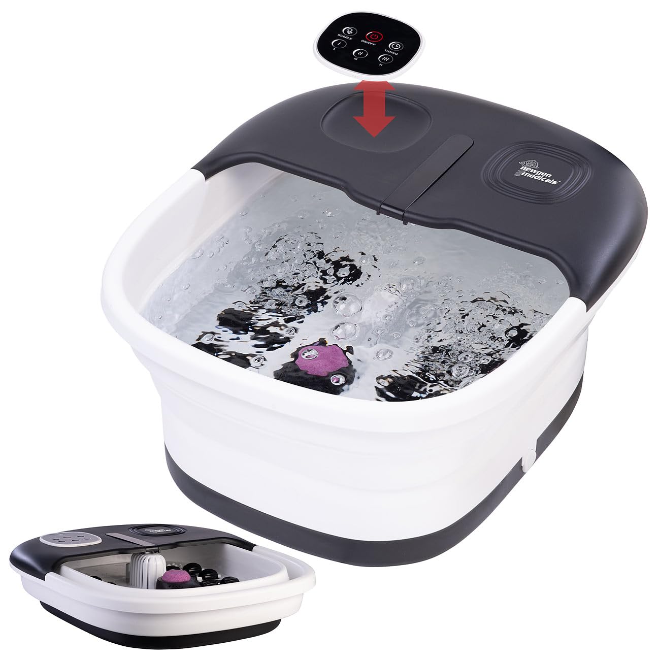 newgen medicals Pediluvio Pieghevole con Massaggio a Bolle d'Aria, 16 Rulli, 3 Livelli di Temperatura, Telecomando, 500 W, Bianco/Grigio Scuro