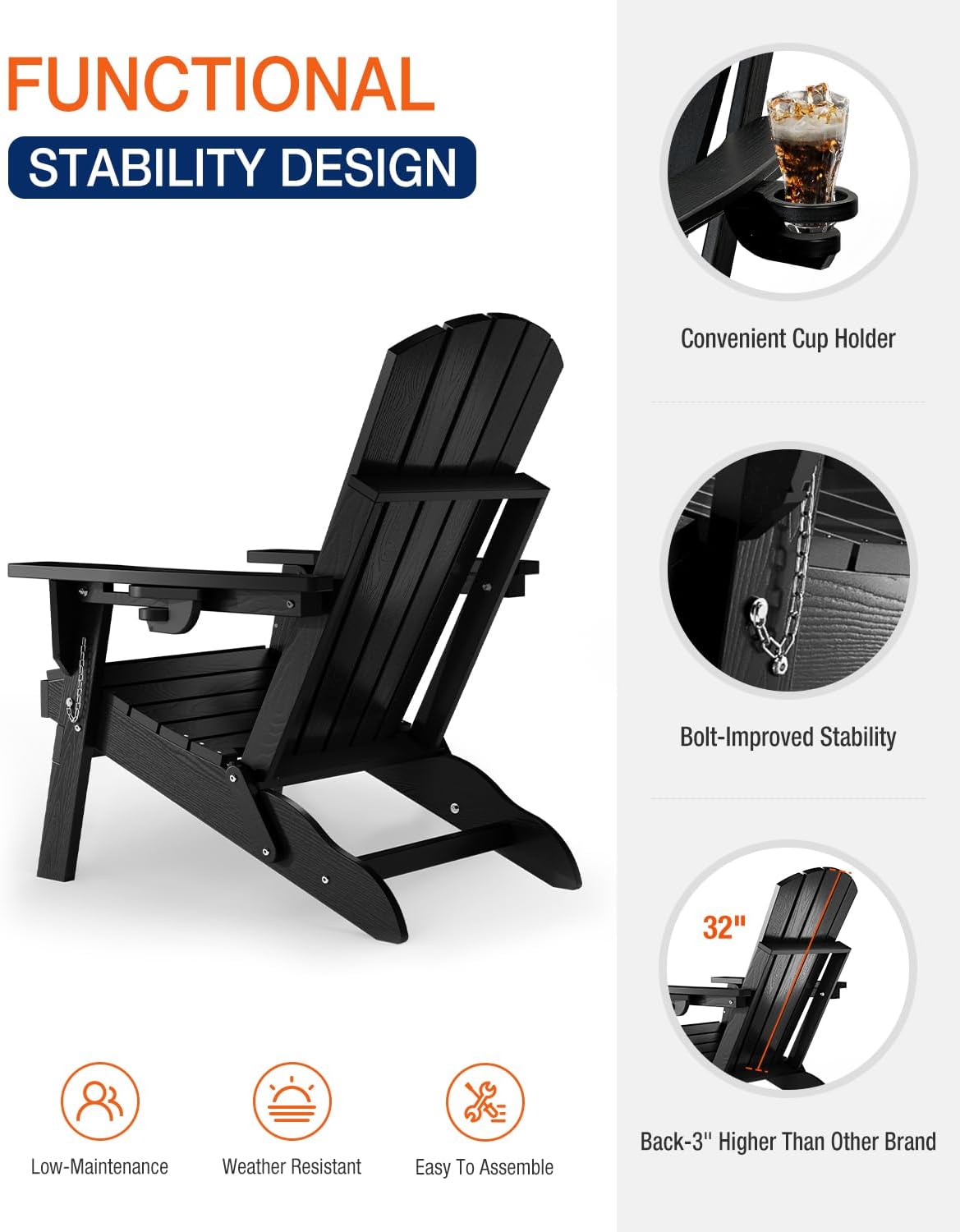 Adirondack Chair with Cup Holder: Folding Adirondack Chairs Plastic HDPE Material Furniture - Composite Fire Pit Chairs Foldable for Outdoor/Backyard/Garden/Lawn/Deck/Porch/Patio