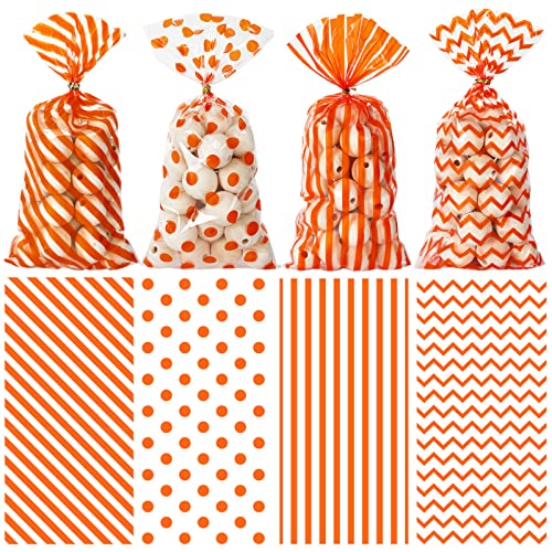 Whaline 160Pcs Fall Cellophane Treat Bags Orange Stripe Wave Dot Candy Plastic Goody Bags Autumn Cookie Snack Packing Decor with Twist Ties for Autumn Thanksgiving Birthday Party Favor, 5.1 x 10.6in