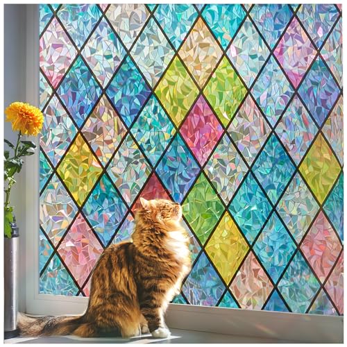 Beautysaid Rainbow Window Film Privacy: Stained Glass Self Adhesive No-Glue Frosted Window Tint Static ClingUV Window Film Home (Multicolor 44.5x200cm