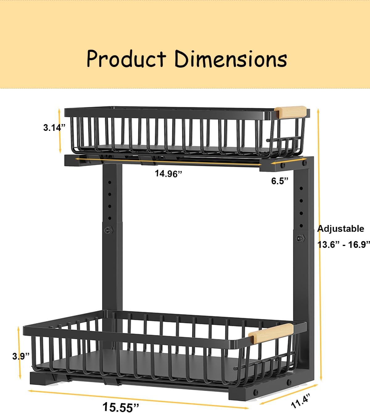 Under Sink Organizer, 1 Pack 2 Tier Pull Out Organizers and Storage for Under Sink Cabinet Kitchen Bathroom Pantry, Metal 2 Layer Sliding Drawer Organizing Rack Shelf, Black