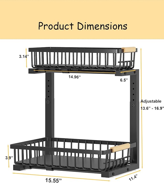 Organizador para debajo del fregadero, 1 paquete, 2 niveles, estantes deslizables y almacenamiento para gabinete de cocina, baño, despensa, metal, estante con cajones deslizables de 2 capas, negro miniatura 2