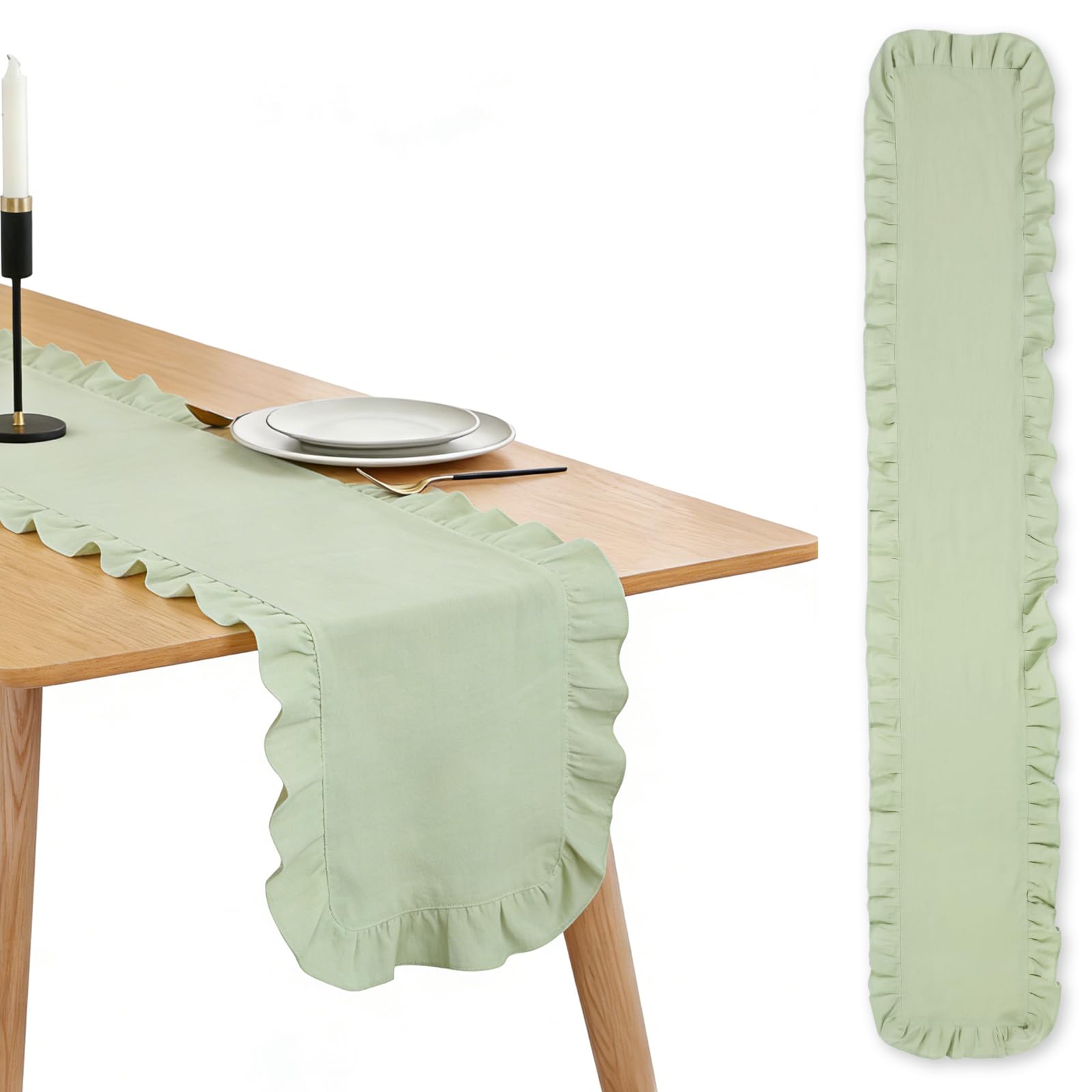 Zhjiutak Green Ruffled Table Runner,180X35cm Cotton Scalloped Table Runner Washable Farmhouse Tablecloth Kitchen Decoration For Wedding Bride Shower(Green)