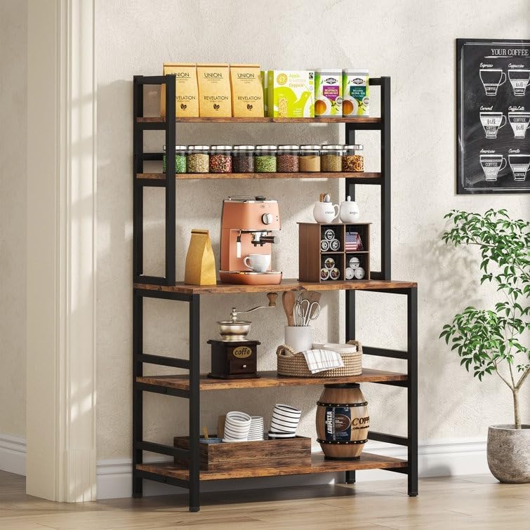 6-Tier Bakers Rack with, Microwave Stand for Kitchen Storage with Hooks, Adjustable Feet, Storage Shelves for Kitchen Dining Living Room,66.5'' H X 31.5'' W X 15.7'' D. (Brown)