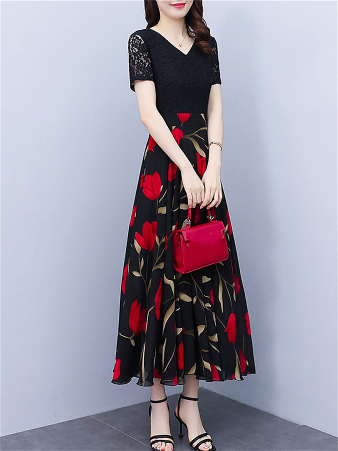 Abito estivo midi da donna, in chiffon, in pizzo, floreale, elegante, lungo, alla moda, per ufficio e feste formali