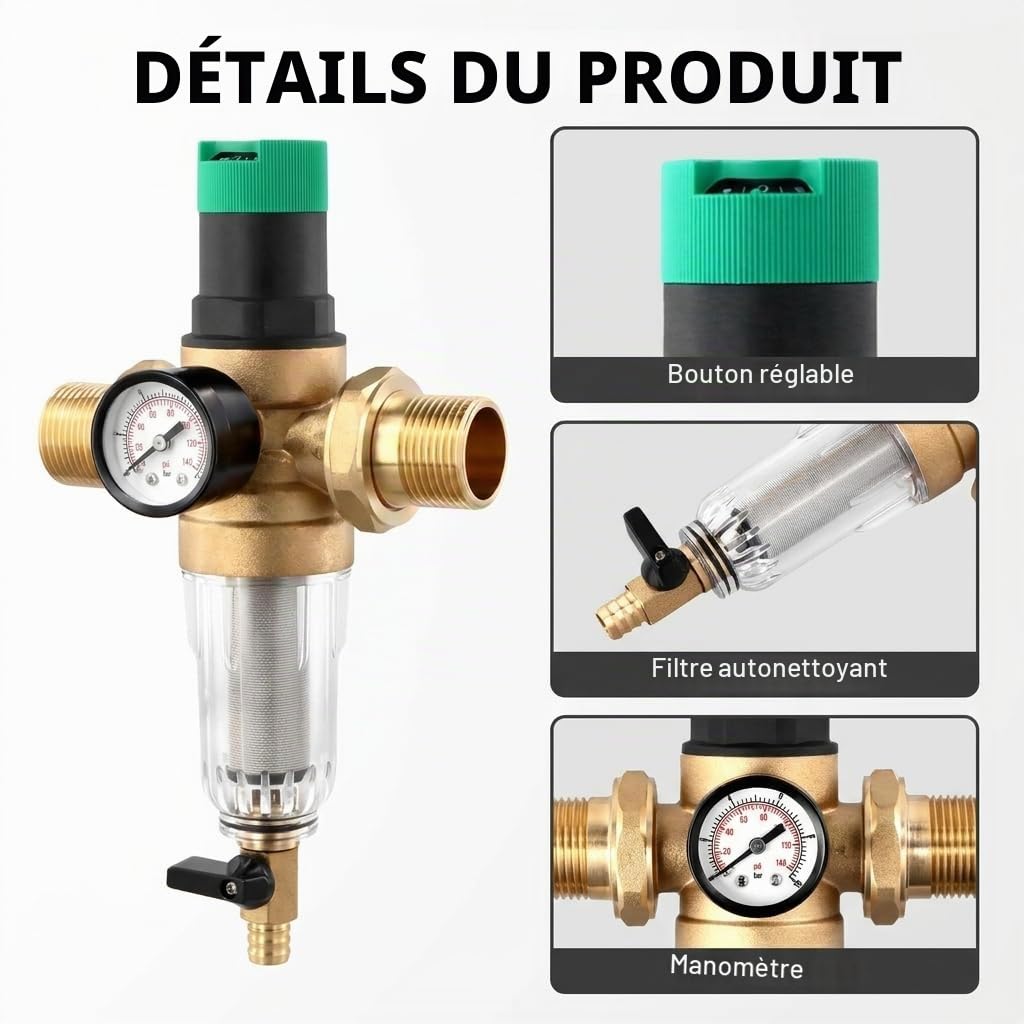 QWORK® Réducteur de Pression Eau 1", Reducteur de Pression avec Manomètre, Réducteur de Pression en Laiton avec Filtre Tamis Autonettoyant