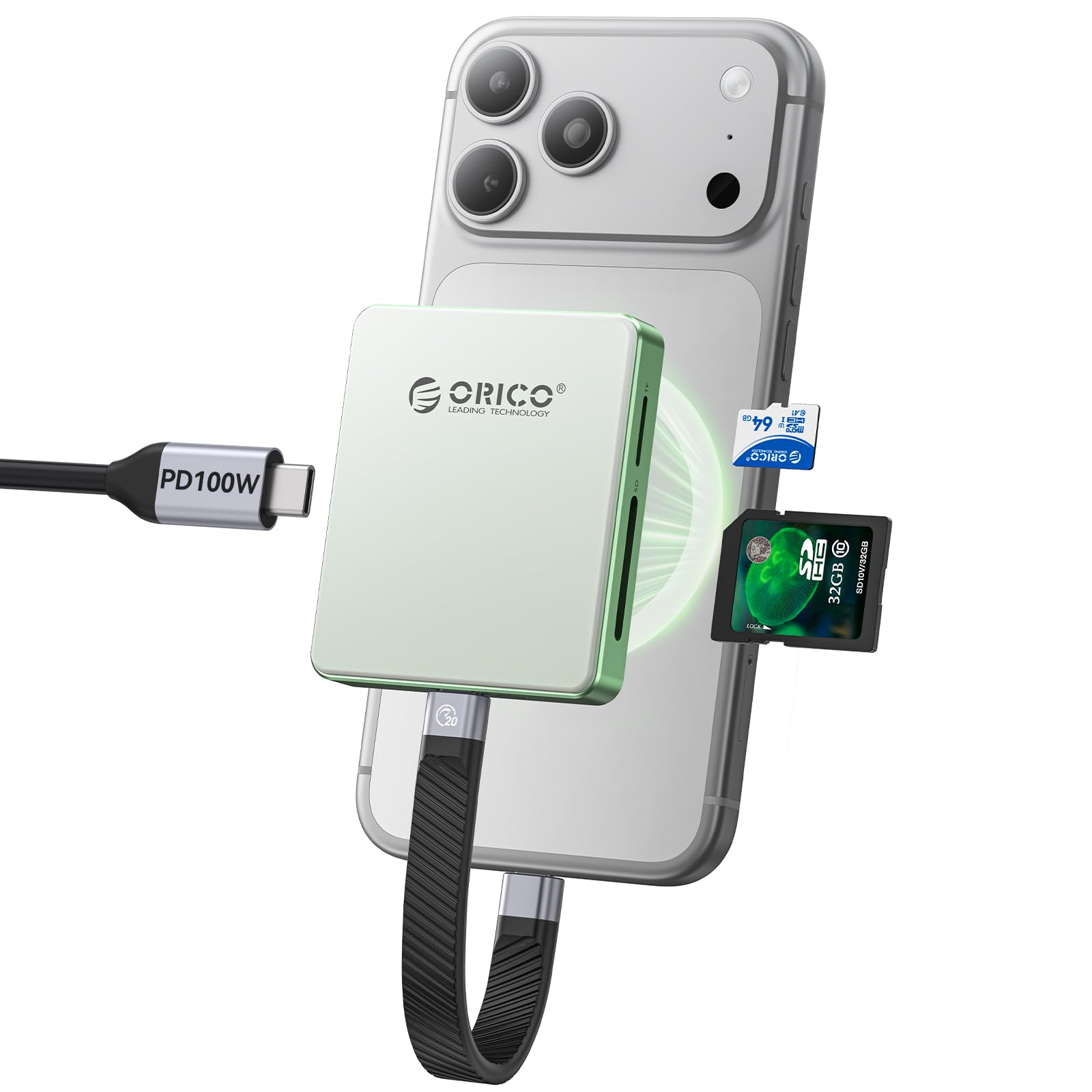 ORICO Magnetyczny czytnik kart i obudowa M.2 SSD do iPhone 15/16/17 Pro - 5 w 1 TF/SD 3.0 z NVMe 2230/2242, 10 Gbps USB 3.2 Gen2, PD 100W - Diskless AP42F (zielony)