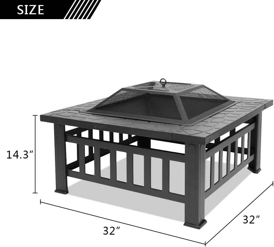FCH 32" Metal Fire Pit Outdoor Backyard Patio Garden Square Stove Brazier with Charcoal Rack, Poker & Mesh Cover 32" L x 32" W x 17" H