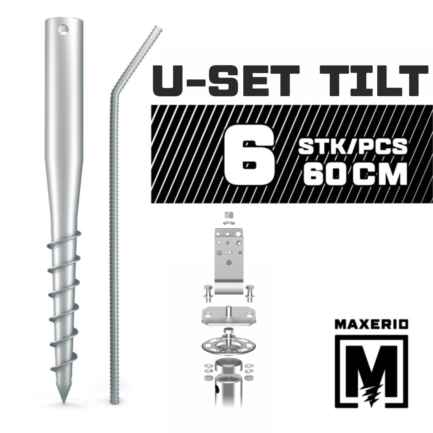 Set di 6 fondamenta a Vite Tilt da 60 cm, con Supporto per Pali da 12 cm (Angolo a U – zincato a Caldo); Ø 60 x 2; M12