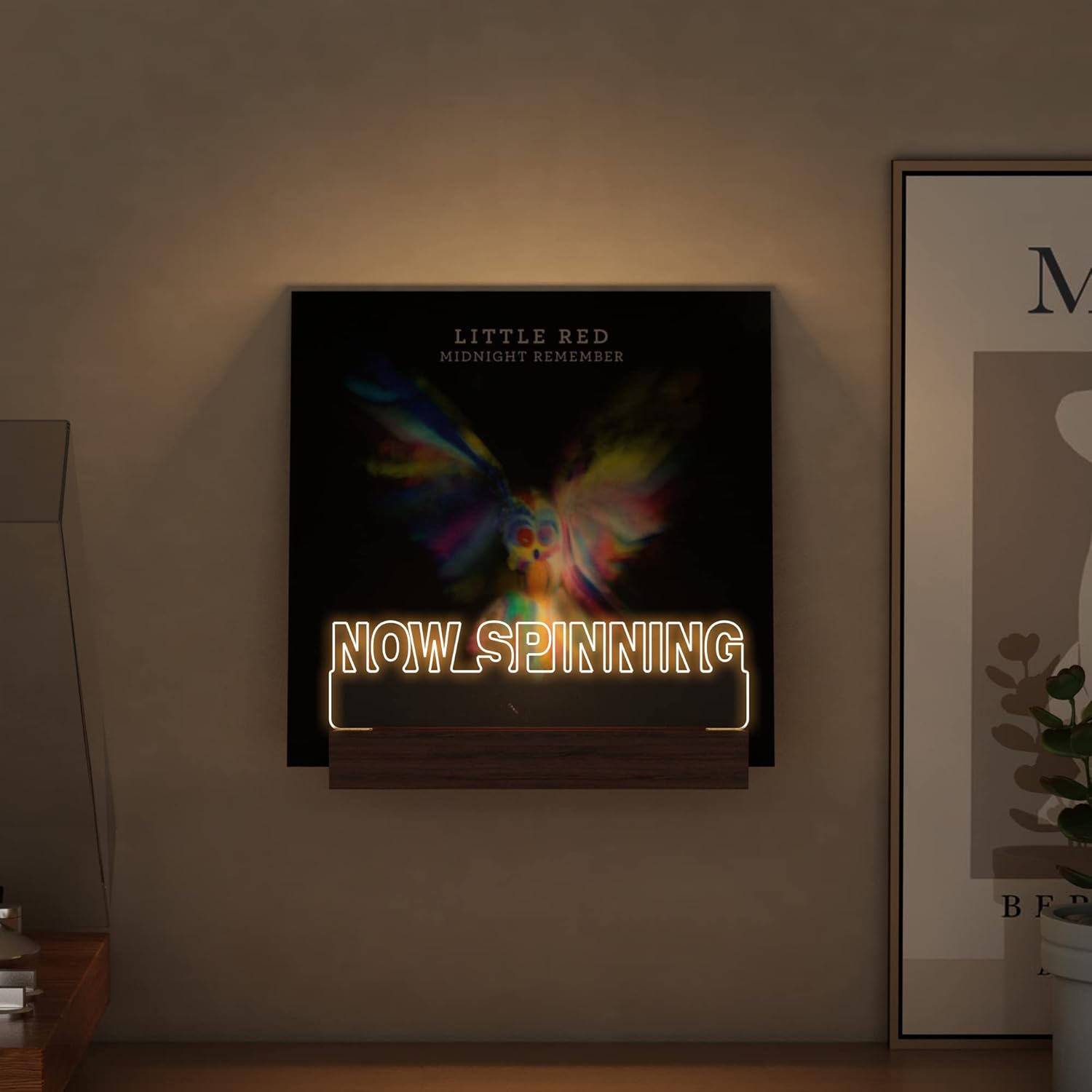 Ammonite Light up Now Spinning Vinyl Record Stand Wall Mount, Now Playing Record Player Stand, Wooden Acrylic Holder for Vinyl Album Display and Storage with Warm White Color Lights