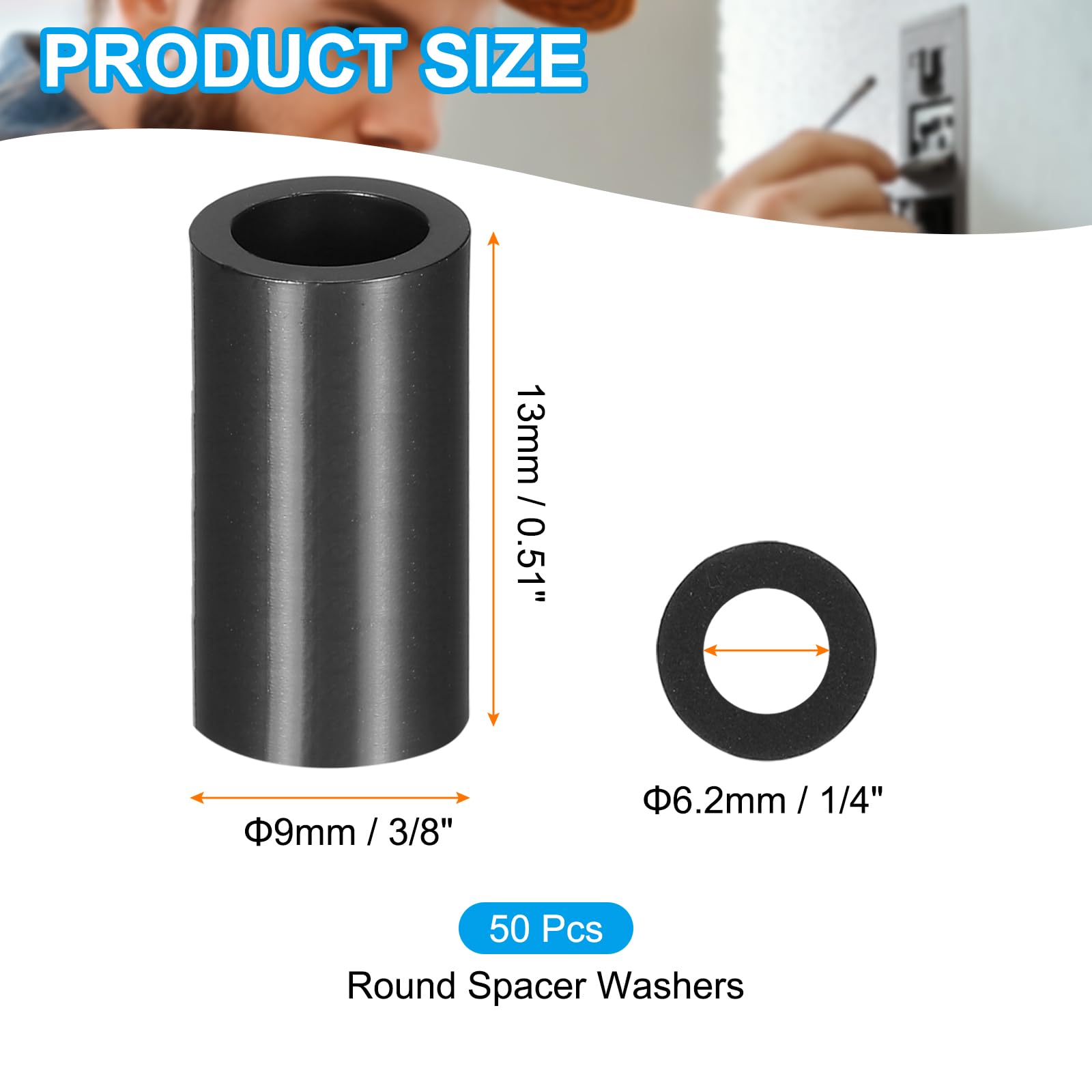 PATIKIL 50Pcs M4 ABS Spacers M6 x 9mm OD x 13mm L Plastic Round Spacer Washers Black Standoff Nut Unthreaded for Screws Bolts Electrical Outlet - Image 2