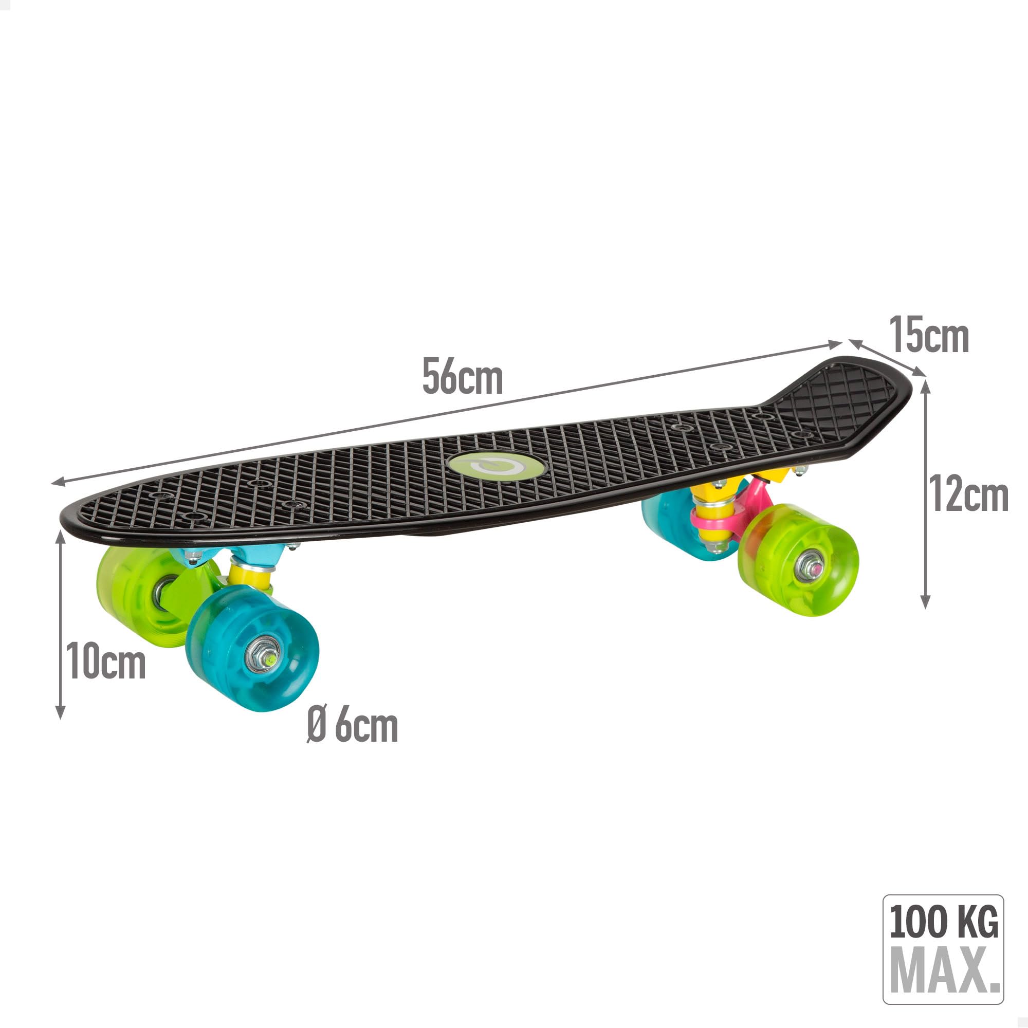 ColorBaby Evo 54341 Skateboard pour Enfant, Noir, 4 Roues avec lumières colorées, Max. 100 kg, 56 x 15 x 10 cm, Base antidérapante, Jouets de Plein air, Jeux de Plein air, Cadeau garçon et Fille, à