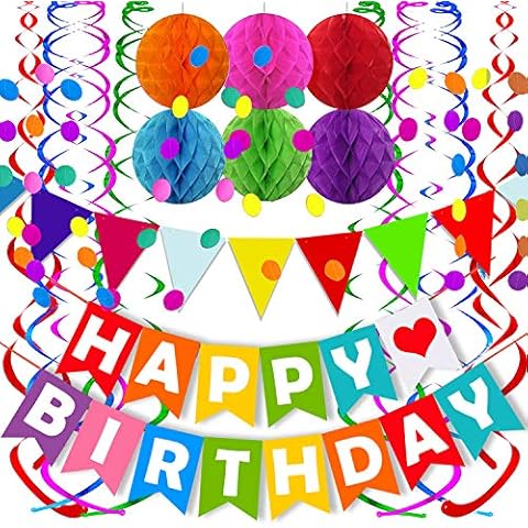 FECEDY Colorful Happy Birthday Banner Paper Triangle Flag Bunting Circle Confetti Dots Hanging Garland And Honeycomb Ball Swirl Streamers for Birthday Baby Shower Party Decoration Cover