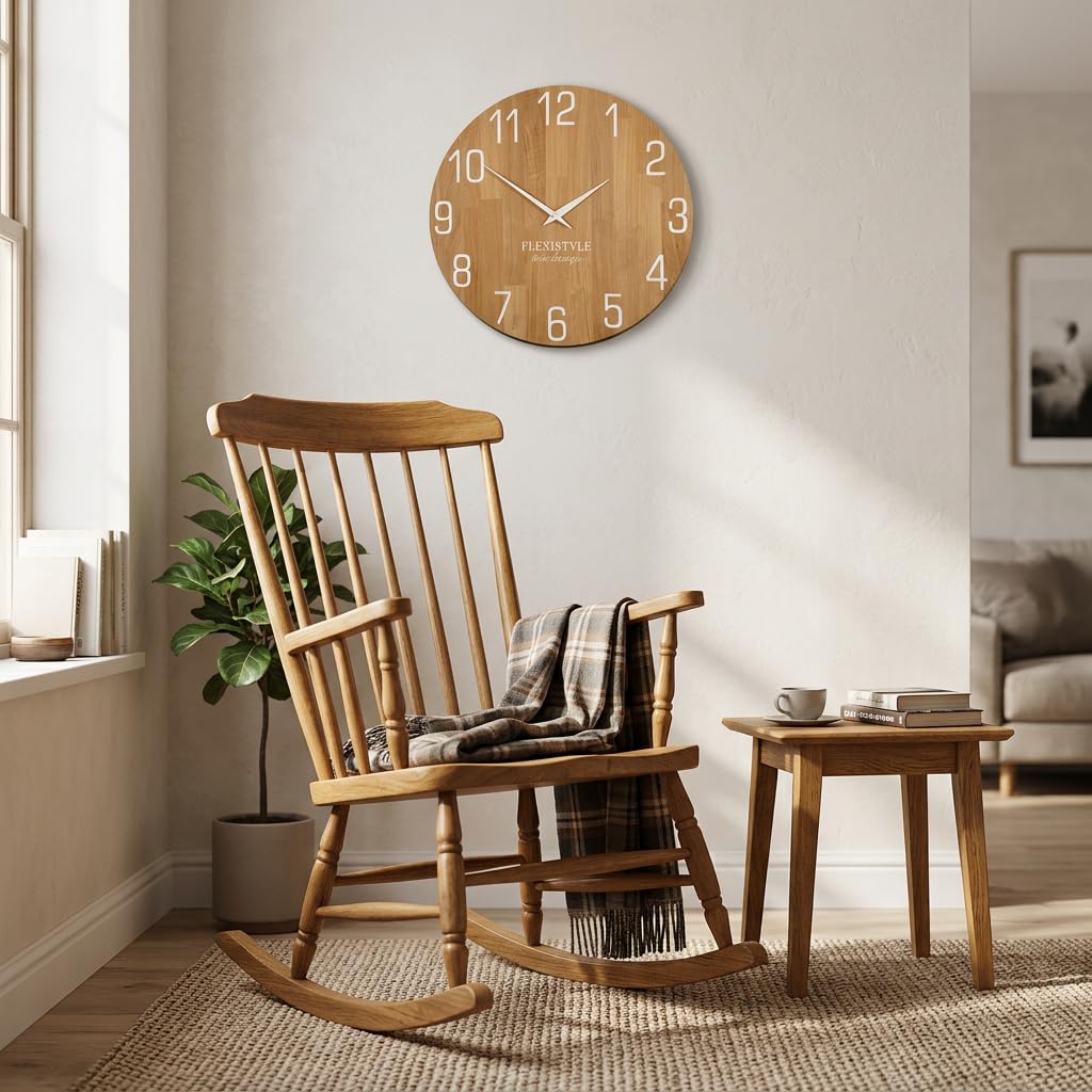 FLEXISTYLE Horloge Murale Naturelle diamètre Aspect Bois 100% chêne, Bois Moderne, Salon, sans Bruit de tic-tac … (50 cm, Blanc)