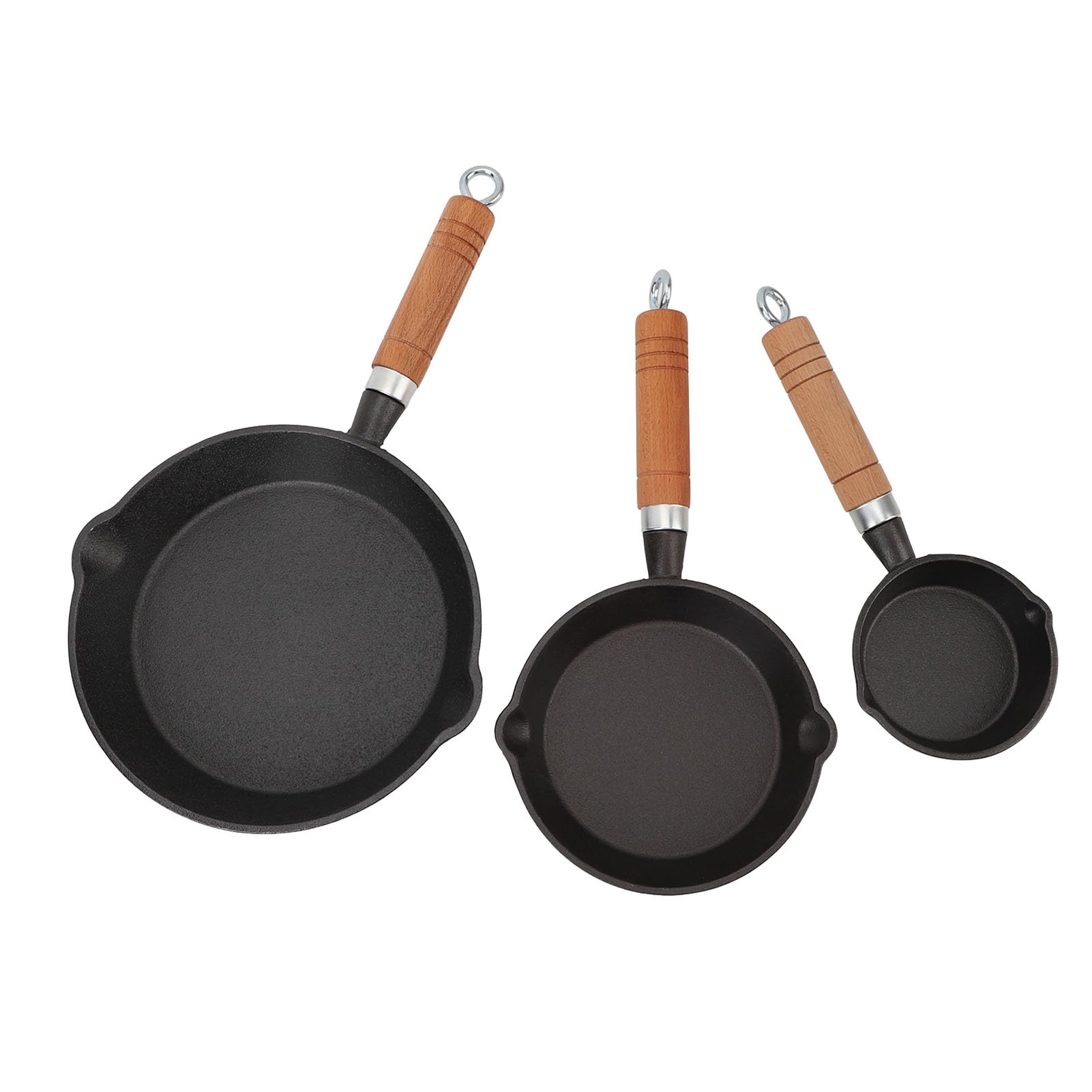 EMUKOEP Mini-Pfannenset aus Gusseisen, Vorgebrannte, Antihaftbeschichtete Bratpfanne Zum Kochen mit Induktion, Lagerfeuer, Grill und mehr. 3-teiliges Pfannenset aus Gusseisen mit Holzgriff