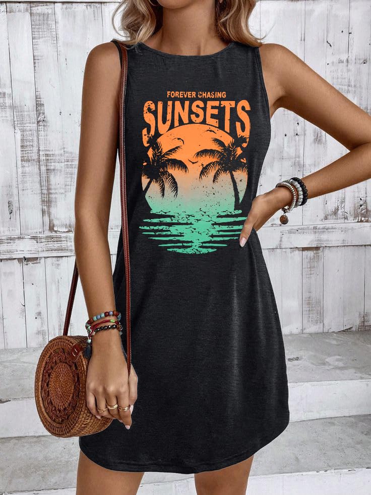 Image of MYHALF Summer Tank Dress for Women Sleeveless Beach Vacation Sundress Short Coconut Tree Sun Dress Casual Coverup