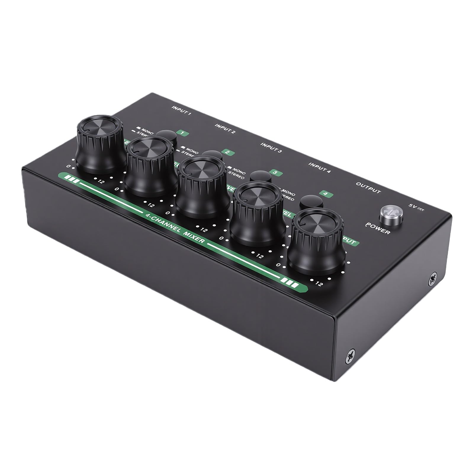 Bediffer Mixer a Basso Rumore a 4 per Registrazione in Studio Domestico, Mixer Stereo per Streaming Live, Alimentato a Batteria per Spettacoli All'aperto (Nero)