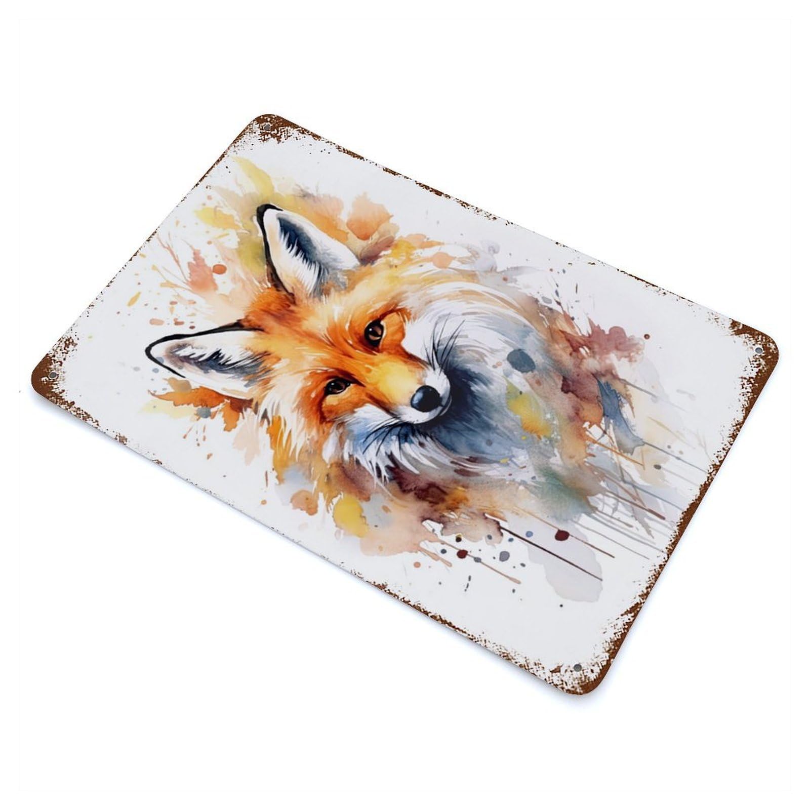 Red Fox Watercolor Vintage Wall Sign 11.8"x7.9", Rust Effect Metal Decor for Living Room, Hallway And Home Decor