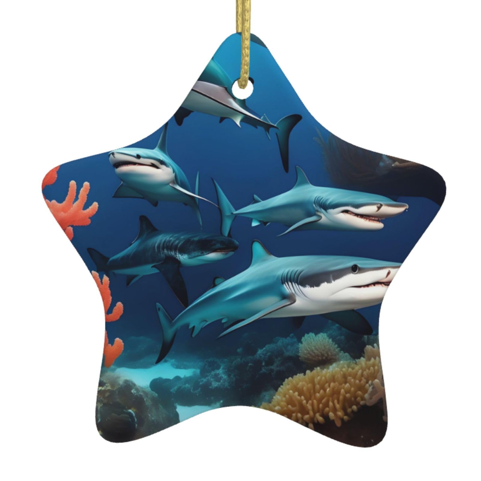Submarine Shark Coral Christmas Ceramic Star Pendant with Punched Holes and Gold Wire Rope, Christmas Tree Home Decoration