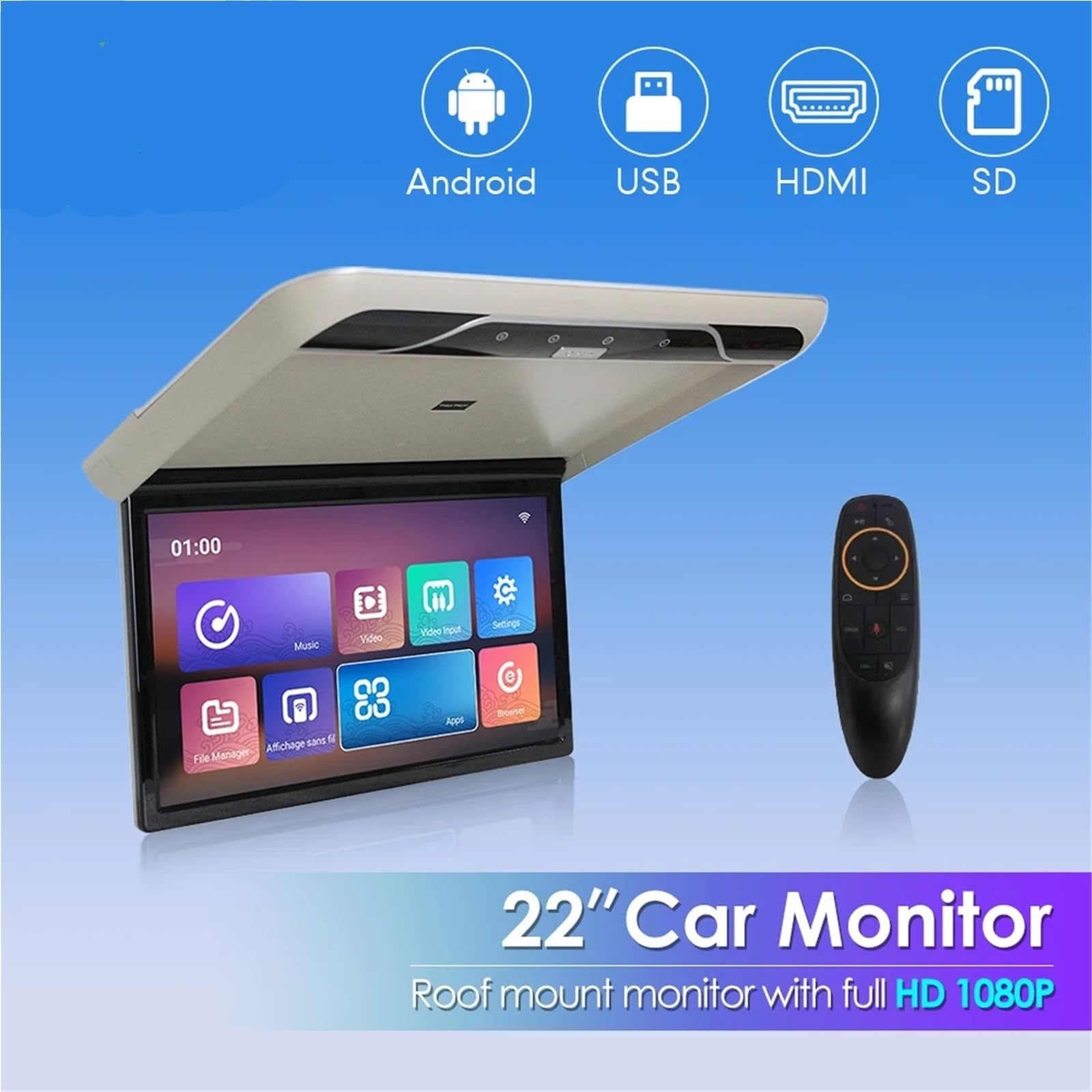 Monitor da tetto for auto 22 pollici, TV con lettore video ribaltabile, schermo IPS soffitto, luci ambientali a 16 colori(Black)