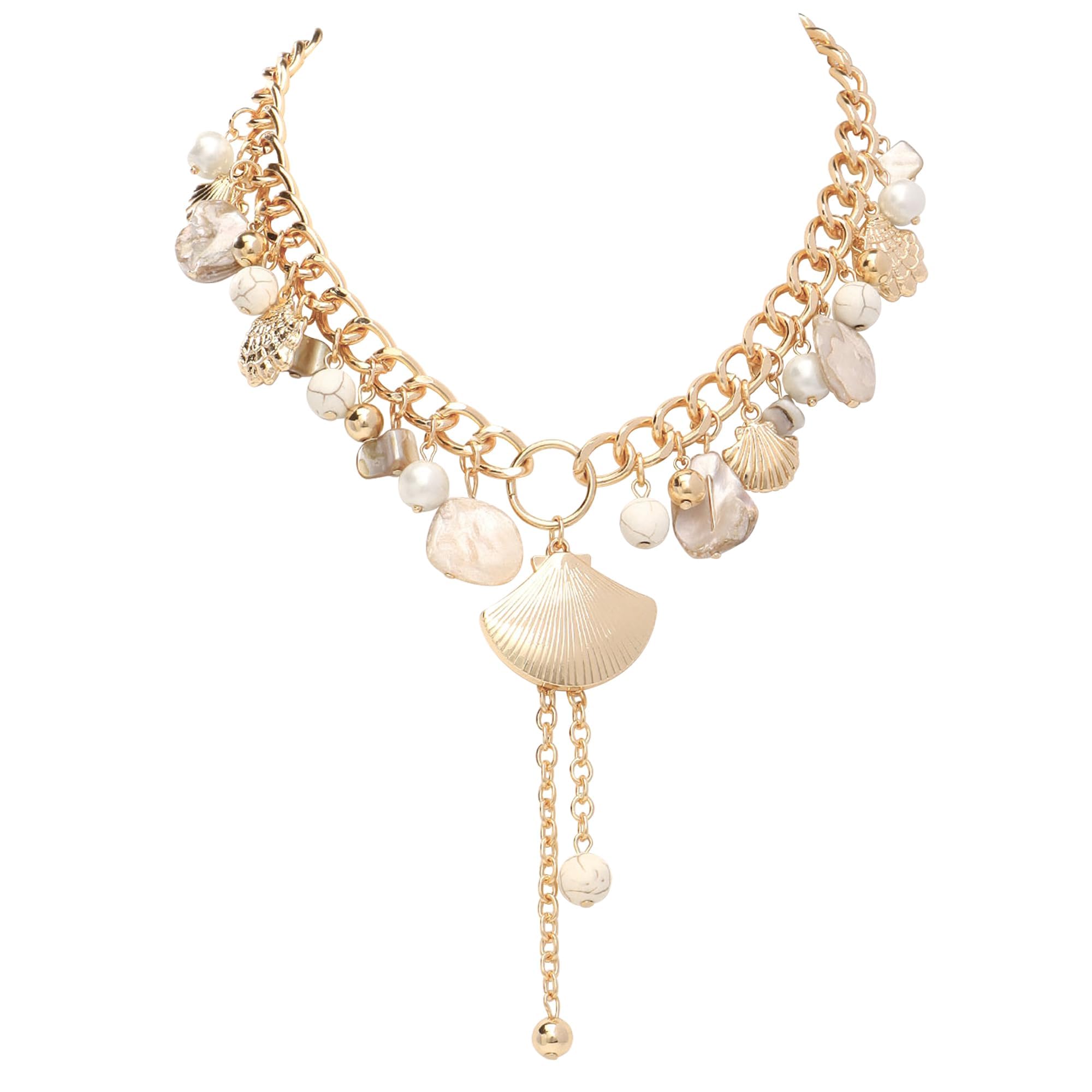 Coiris Natural Seashell Choker Necklaces Earrings Jewelry Set for Women Starfish Shell Freshwater Pearl Collar Necklaces for Women Irregular Mother of Pearl Jewelry Set