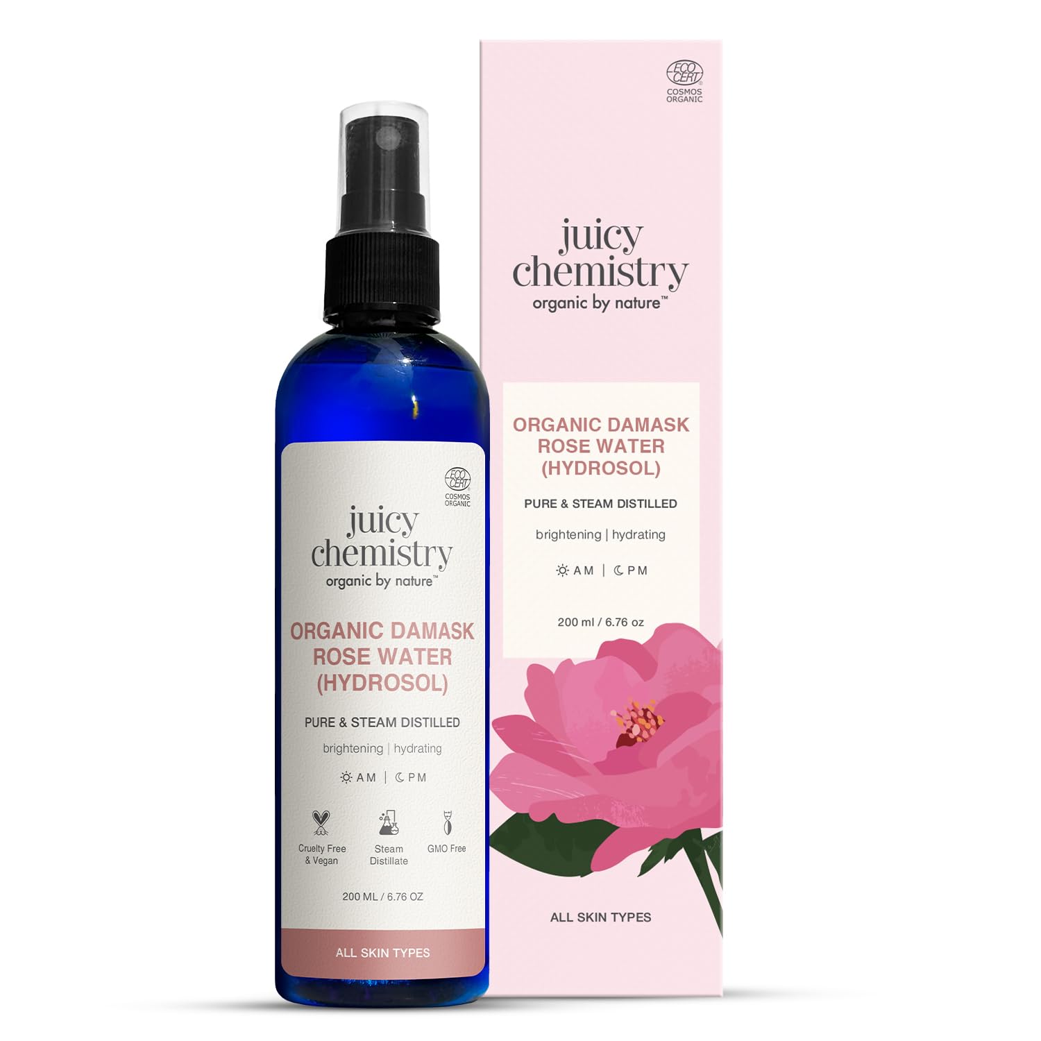 Juicy Chemistry Organic Rose Water (Hydrosol), 200 ml | Face Toner for Glowing, Brighter and Hydrated Skin | Made with Bulgarian Damask Roses - Clinically Tested