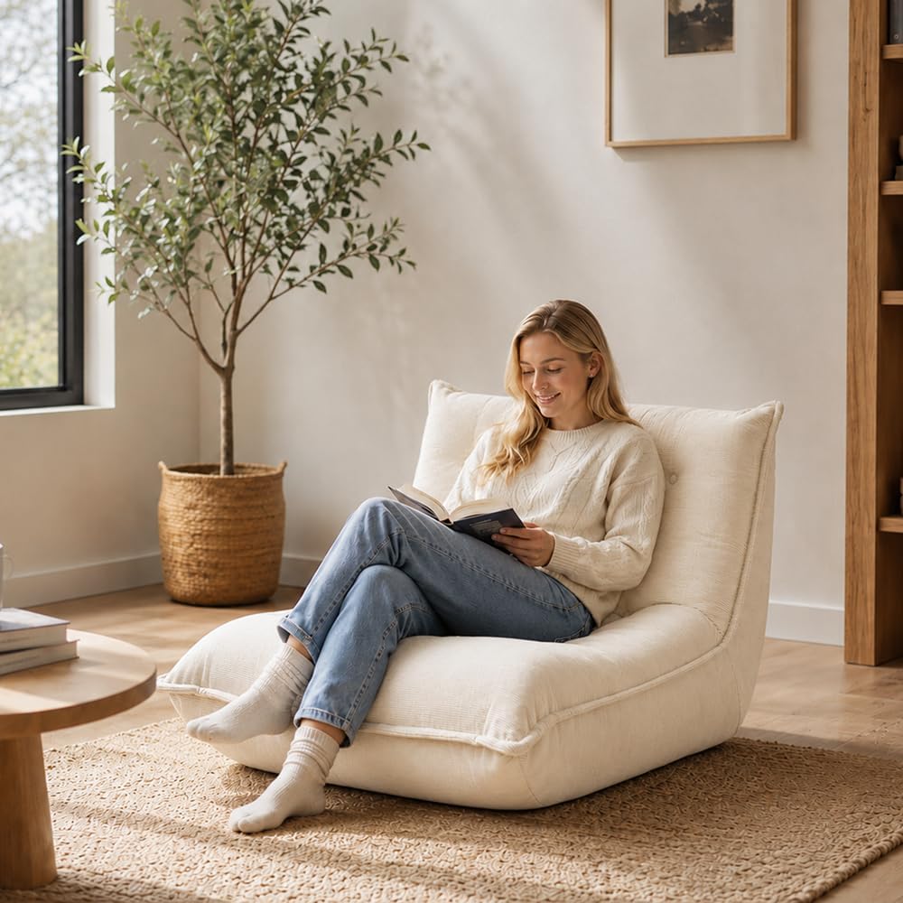 Tufted Corduroy Bean Bag Chair, Ergonomic Foam Floor Sofa, No Assembly Comfy Lazy Chair for Living Room Bedroom Dorm Game Room (White)