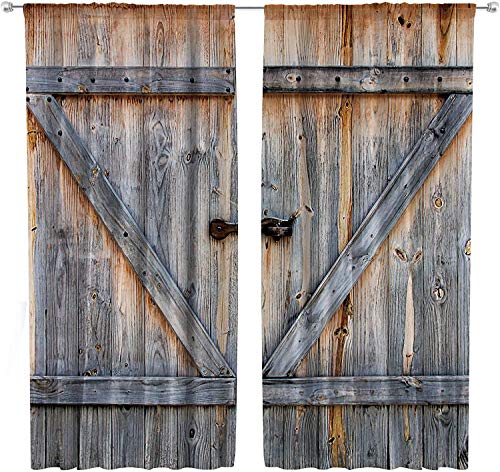 Riyidecor Wooden Barn Doors Kitchen Curtains Rustic Country Rod Pocket Retro Woods Western Shabby Chic Farmhouse Printed Living Room Bedroom Window Drapes Treatment Fabric 2 Panels 27.5 X 39 Inch #TOP4