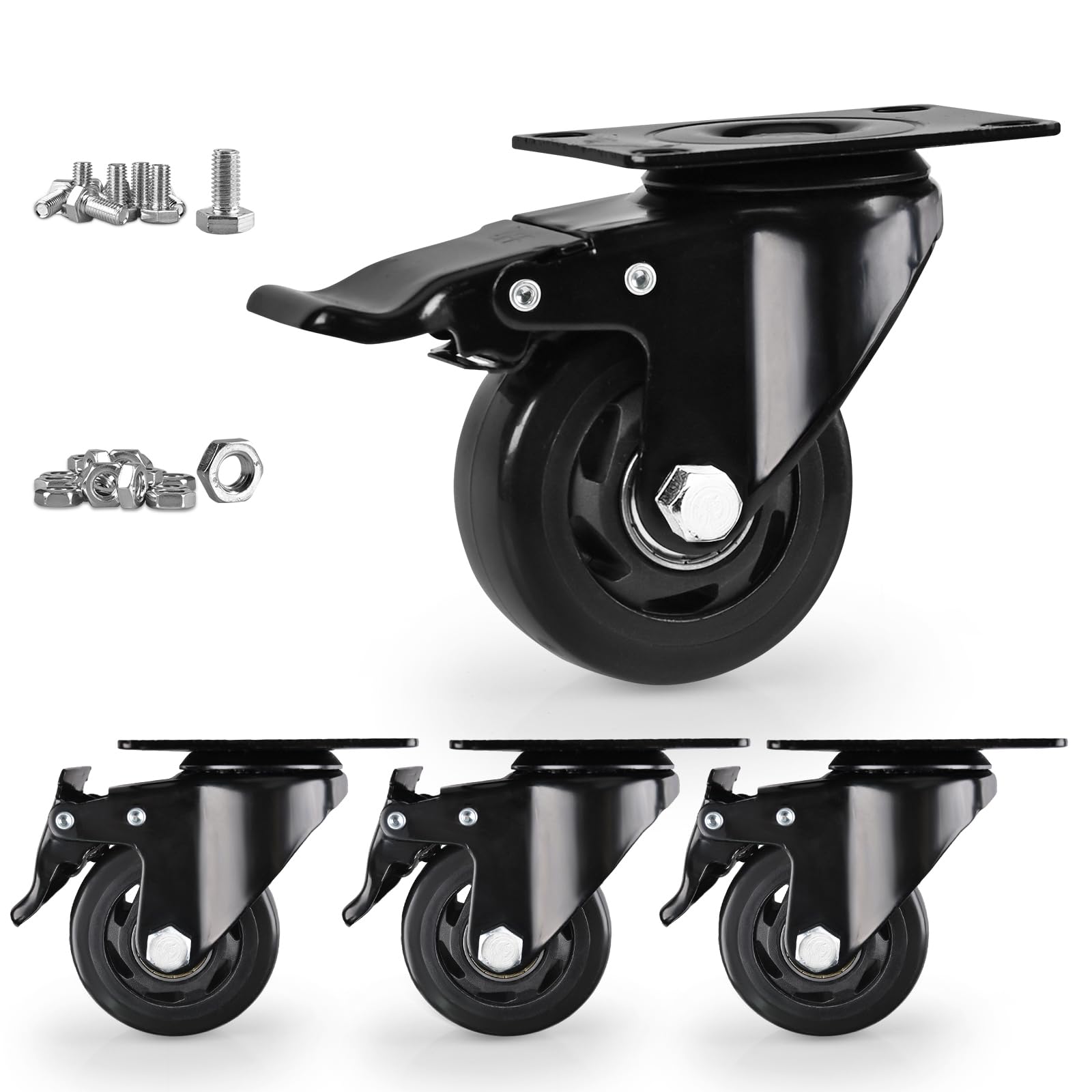 Caster Wheels, Heavy Duty 75mm Casters Set of 4, Locking Swivel Casters Wheels for Cart Furniture and Workbench, Black