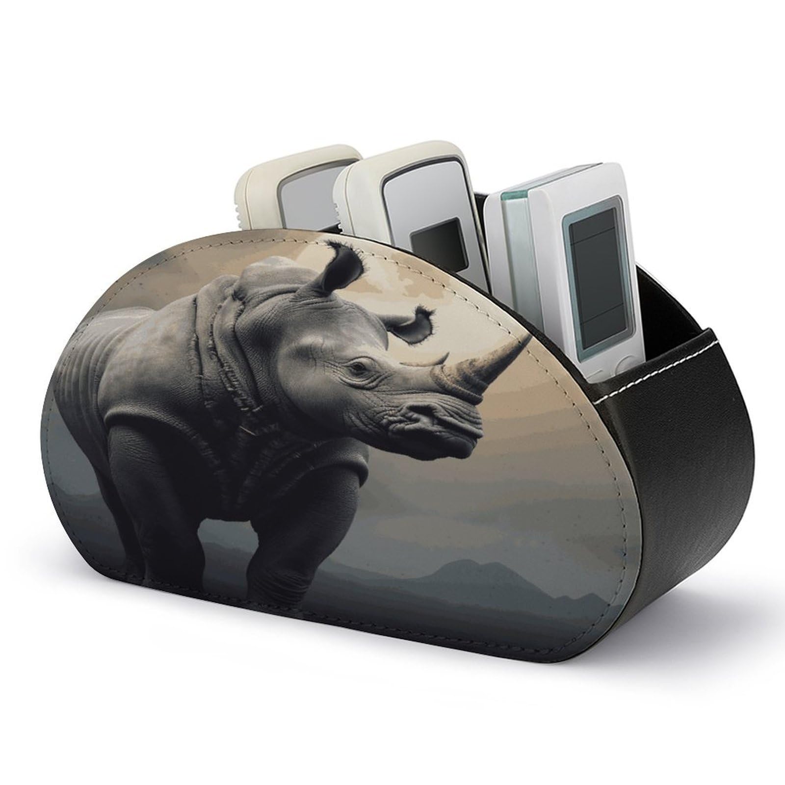LZQPOEAS Rhino Remote Control Holder Desk Storage Organizer Box Container Remote Storage Box with 5 Compartments PU Leather Remote Caddy for Home Bedside Table Organizer
