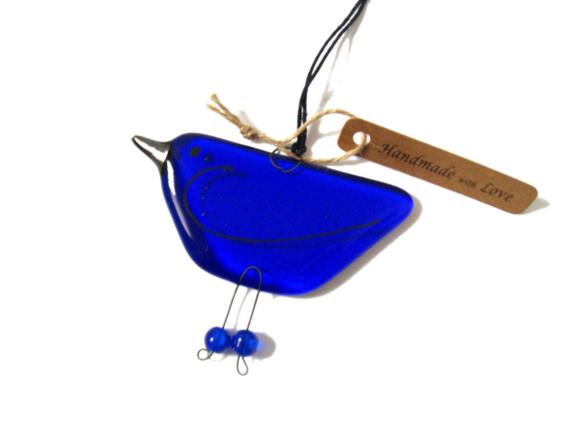 JHSgift Royal blue, Fused Glass Bird Suncatcher, hanging ornament with beaded feet and a neat cord to hang