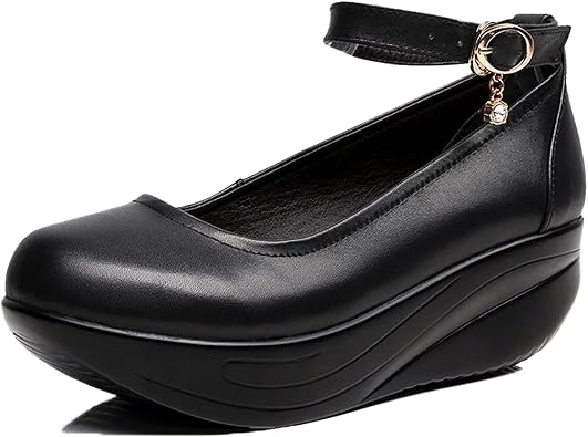 Womens Leather Platform Rocker Arch Support Mary Janes with Buckle Elegance Round Toe Ankle Strap Hook Loop Comfortable Work Dress Shoes for Walking Office Commuting Daily