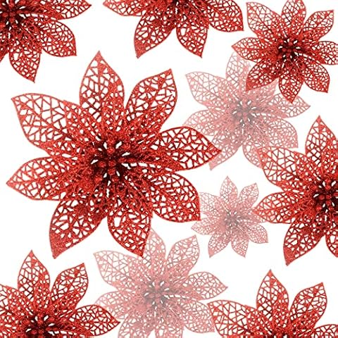 Wishstar Red Christmas Poinsettia Flowers, 24PCS Glitter Poinsettia Artificial Flowers, 3/4/6 Inches Artificial Christmas Flowers for Christmas Tree Decorations, Wedding Cover