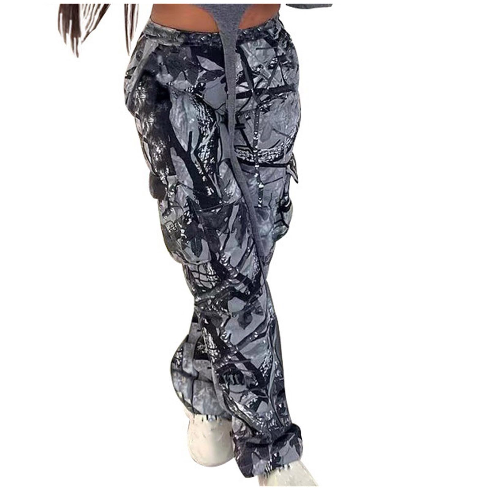YolimokCargo Trousers Womens Camouflage Print High Waist Casual Joggers Elastic Waist Stretch Hiking Walking Combat Pants with Pockets Straight Wide Leg Lounge Work Bottoms Outdoor Streetwear