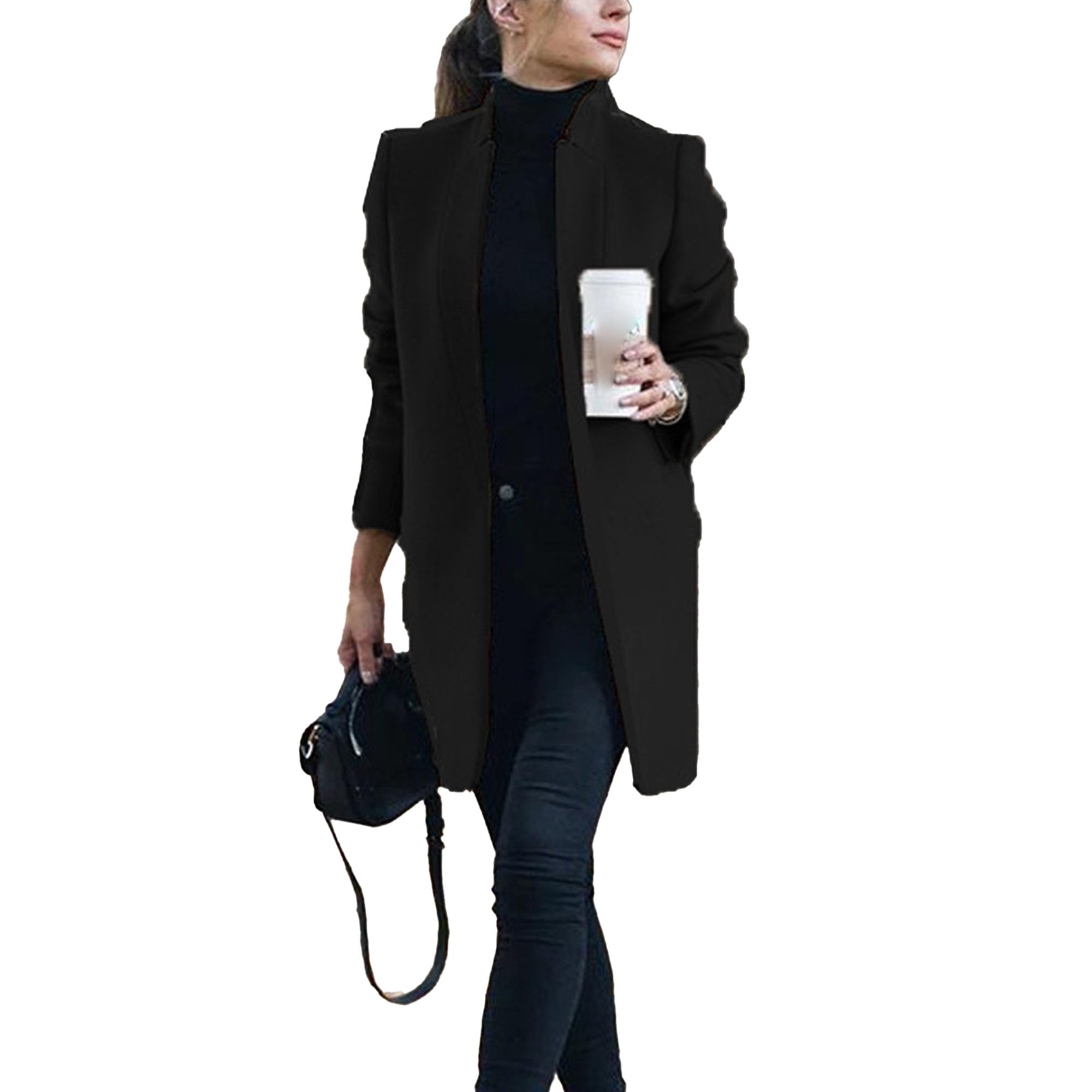 Maiyifu-GJ Womens Stand Collar Slim Fit Wool Jackets Mid-Long Open Front Cardigans Fall Winter Warm Pea Coats Overcoat