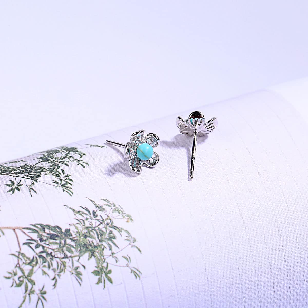 Colloca Turquoise Stud Earrings for Women, 925 Sterling Silver Earrings, Mini Flower CZ Stud Earrings, Jewelry Gift box Included - Image 5