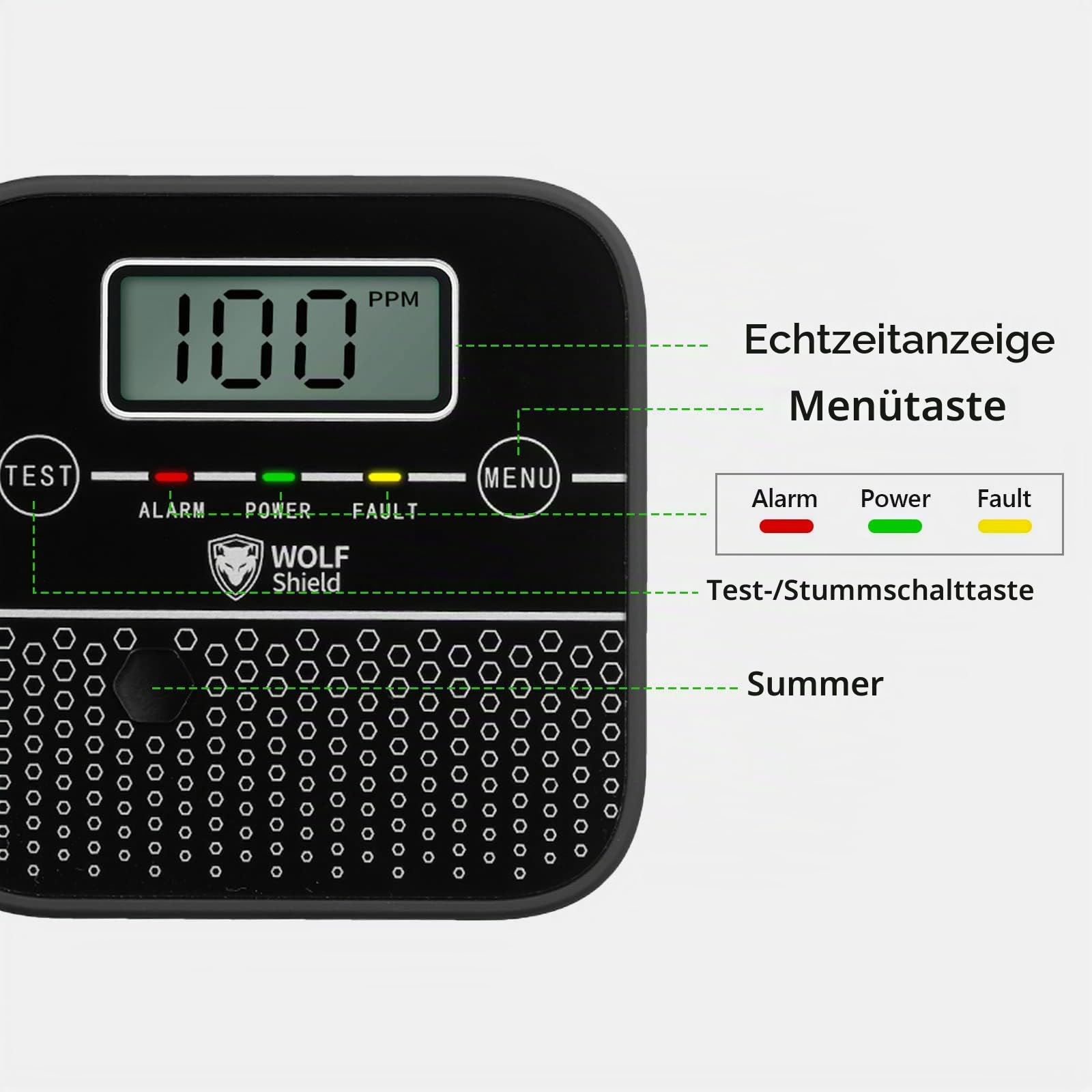 Kohlenmonoxid-Melder 10 Jahre versiegelte Batterie Lebensdauer Mini Kohlenmonoxid-Warnmelder WOLF SHIELD CO-Melder mit freistehenden LCD-Display Test Silence-Funktion für Haus,Wohnwagen,Wohnmobil,Auto