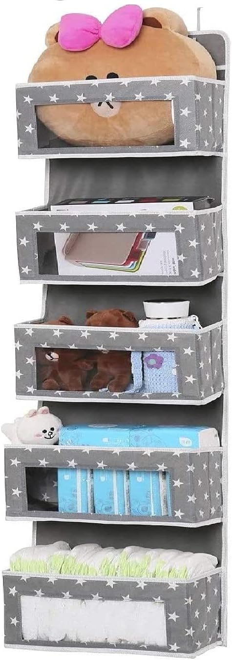 Over The Door Organizer Hanging Baby Organizer Storage with 5 Clear Window Pocket Wall Mount Storage with 2 Metal Hooks for Cosmetics, Toys and Sundries Pantry Baby Nursery Bathroom Closet (Gray)