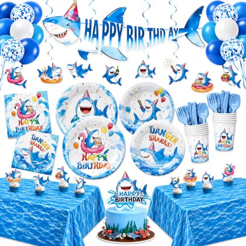 190pcs Shark Plates Napkins Party Supplies Decorations Disposable Tableware Set Include Cups Cutlery Cake Cupcake Topper Banner Hanging Swirl Balloon Tablecloth for Shark Birthday Decorations Serve 20