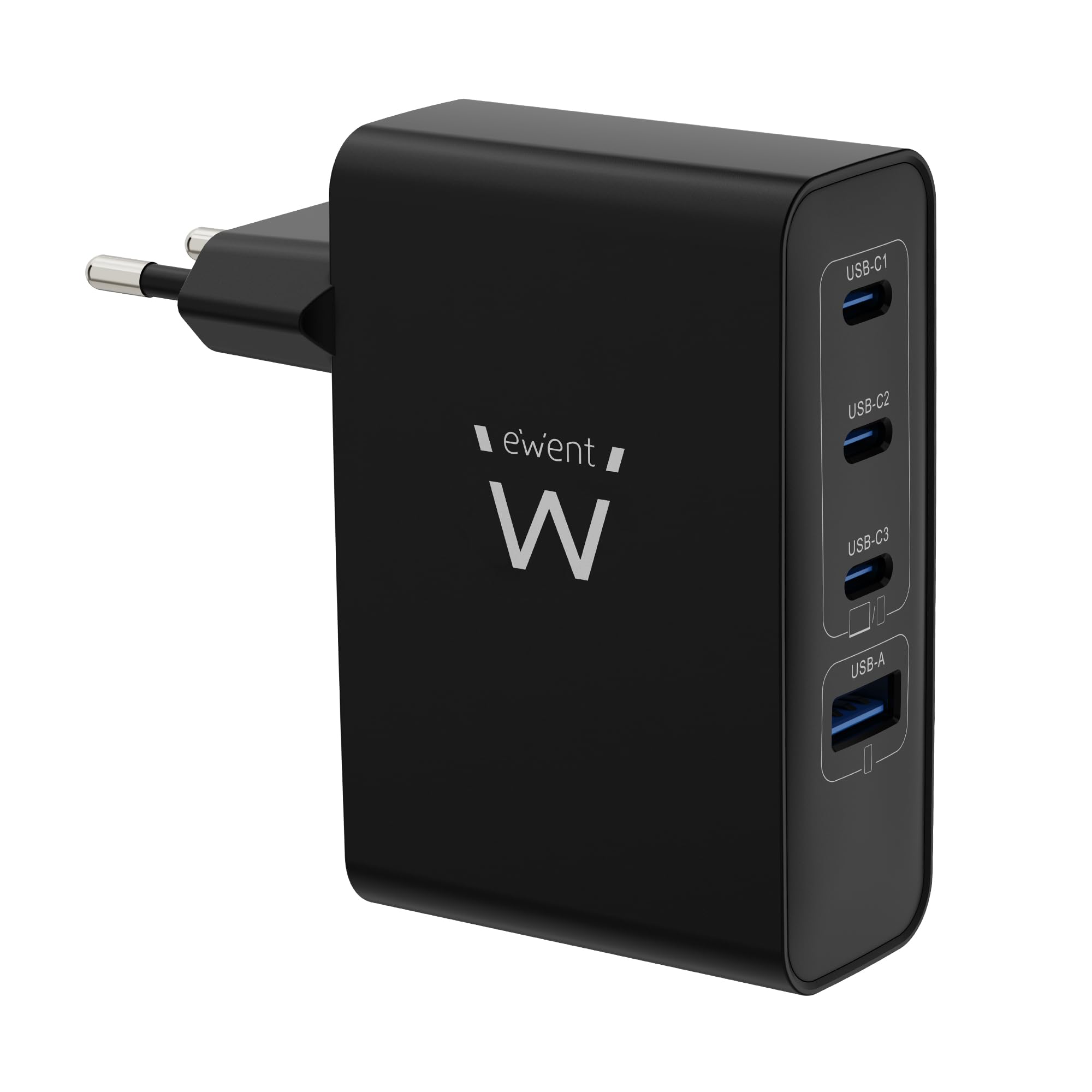 Ewent Cargador USB-C GAN 100W de 4 Puertos, 3 USB-C Power Delivery PD 3.0 y Quick Charge 4+, 1 USB-A QC 3.0, Cargador Rápido para Portátil, Tablet y Smartphone, Negro