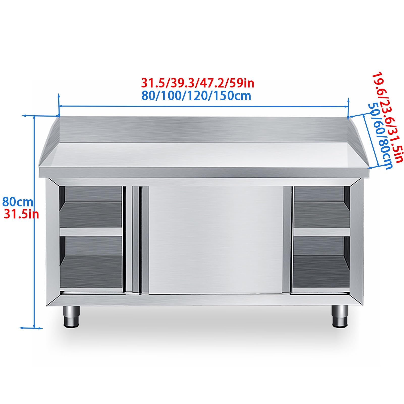 Edelstahl Arbeitstisch Küche, Hochleistungs-Vorbereitungstisch mit Schiebetüren und Spritzschutz, Multifunktionaler Vorbereitungstisch, Schneidetisch mit Lagerschrank, for Restaurants(80x60x80c