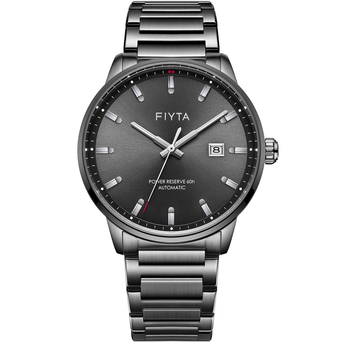 FIYTA Stainless Steel Mechanical Automatic Watch, Large Face, Synthetic Sapphire, Men's Stainless Steel Bracelet, Black, Sports Style Mechanical Watch