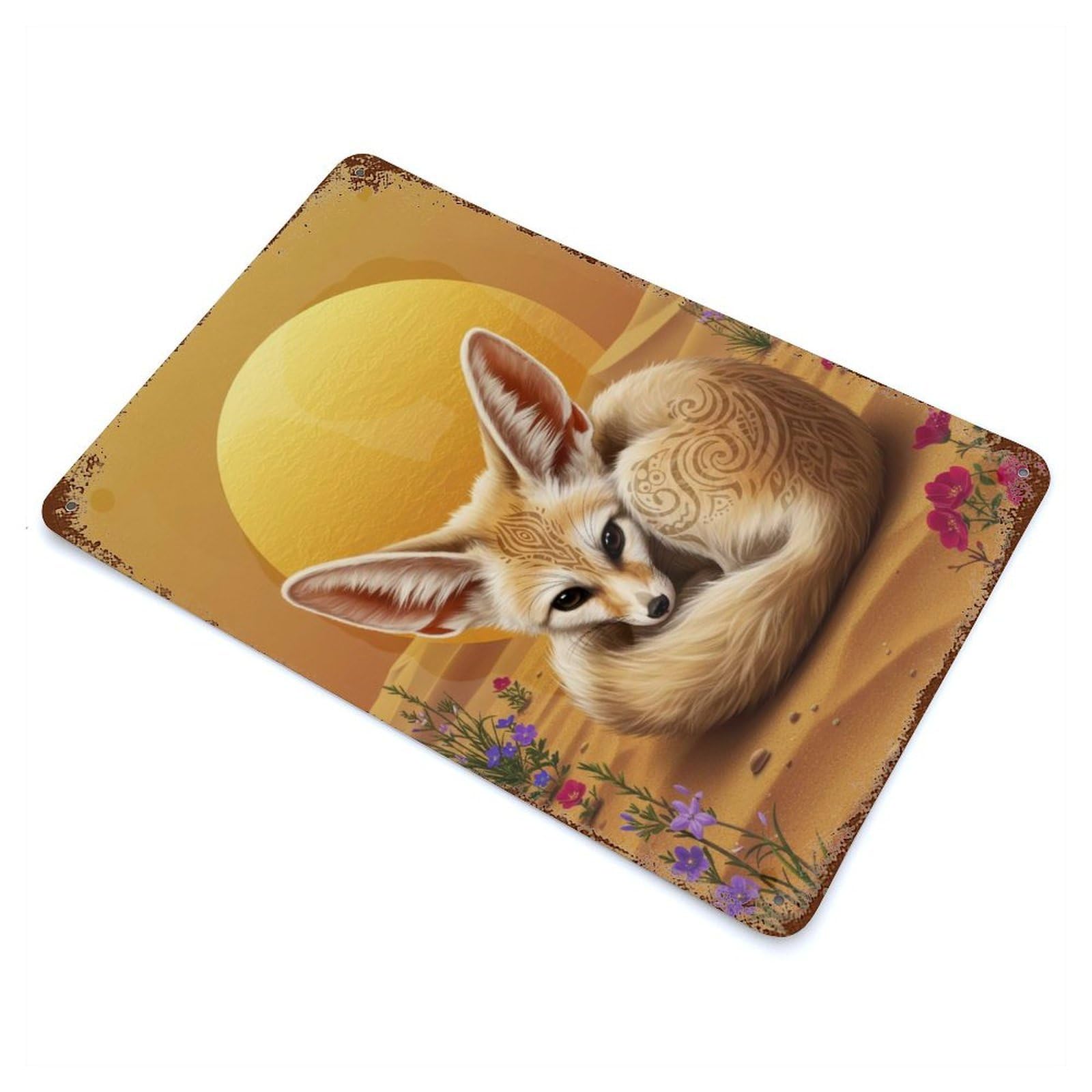 Fennec Fox in Desert Landscape Rust Effect Tin Sign 11.8"x7.9", Ideal for Farmhouse, Kitchen And Entryway Decor