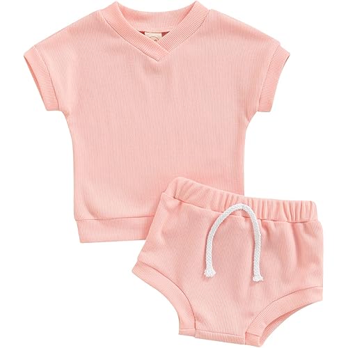 Summer Newborn Baby Boy Girl Clothes Set Ribbed Outfits Unisex Infant Solid Cotton Button Short Sleeve Tops Shorts 2PCS