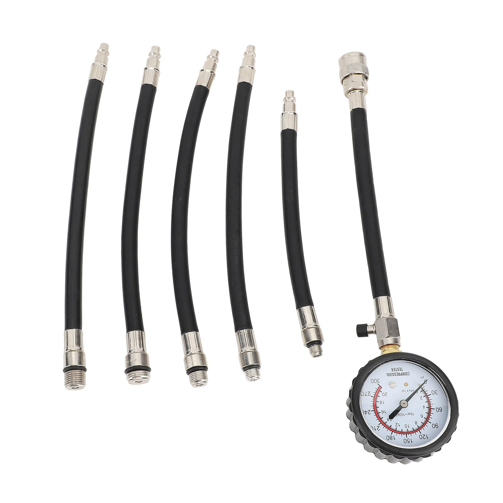 Dilwe Kit de Probador de Compresión de Cilindro de Motor de Gasolina, Kit de Probador de Compresión de Motor de Goma Metálica, Calibre de 0 a 300 Psi, 5 Adaptadores, Válvula de Retención de Presión